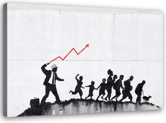 Trend24 - Canvas Schilderij - Banksy Ecomonic Politics - Schilderijen - Voor Jongeren - 100x70x2 cm - Grijs