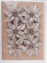 6x stuks decoratie bloemen rozen champagne glitter op clip 8 cm - Decoratiebloemen/kerstboomversiering/kerstversiering