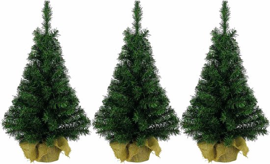 3x stuks volle kleine/mini kerstbomen groen in jute zak 45 cm – Kunst kerstbomen / kunstbomen