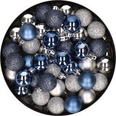 Kleine kunststof kerstversiering 40x stuks set en 3 cm kerstballen in het zilver en donkerblauw - Voor kleine kerstbomen