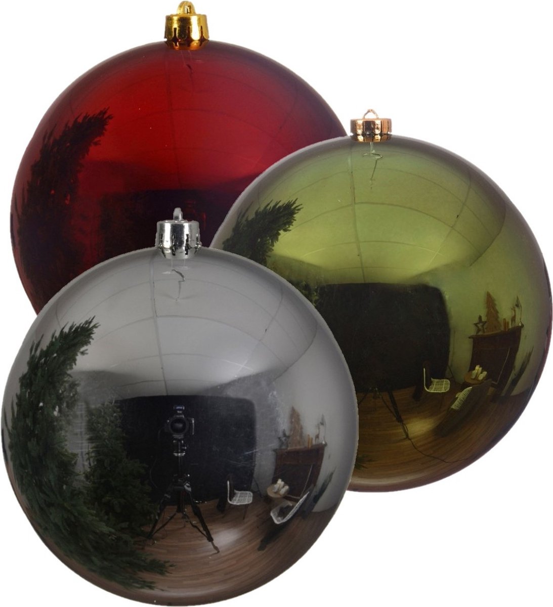 Kerstversieringen set van 6x grote kunststof kerstballen rood-groen-zilvergrijs 14 cm glans - 2x per kleur