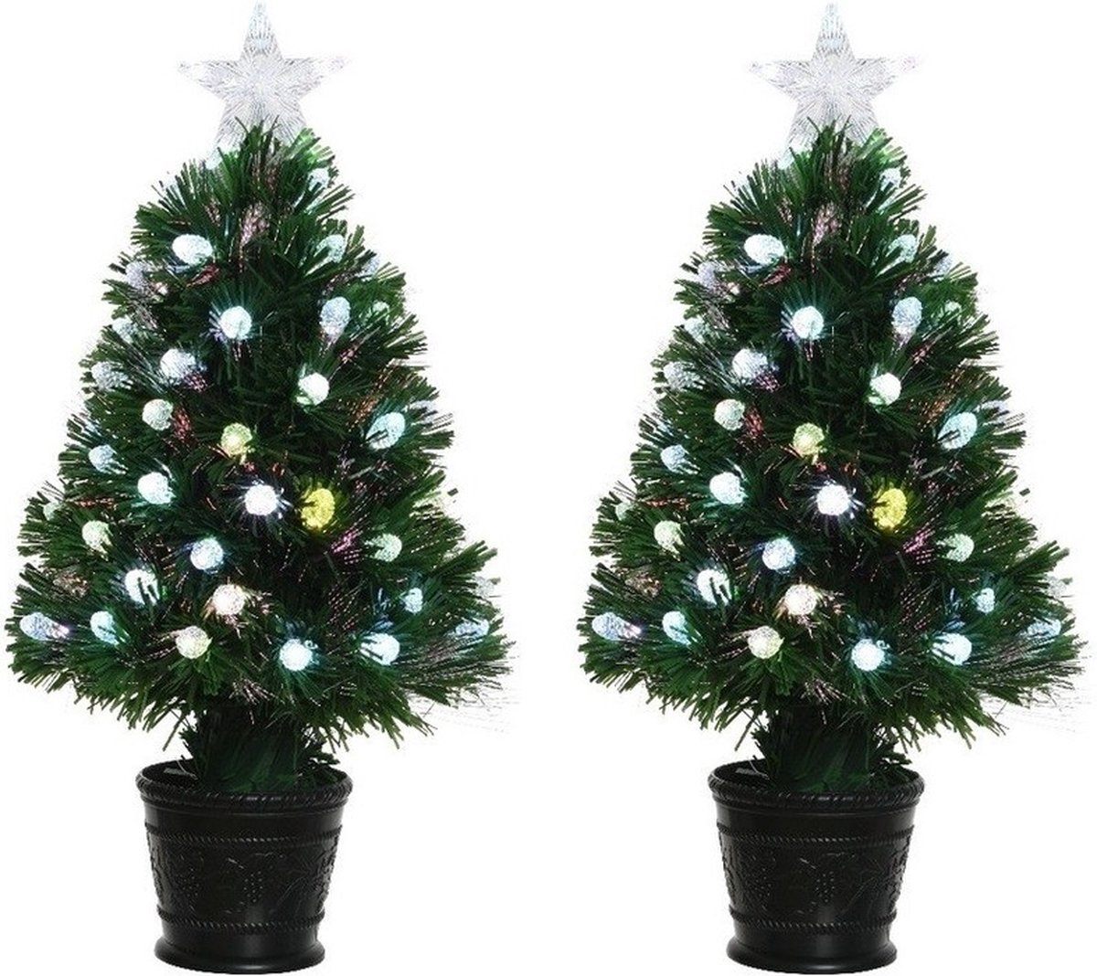 2x Groene glasvezel kunstkerstbomen 60 cm met gekleurde LED-lampjes - Kleine kunstbomen