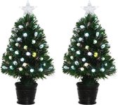 2x Groene glasvezel kunstkerstbomen 90 cm met knipperende LED lampjes - kleine kerstbomen