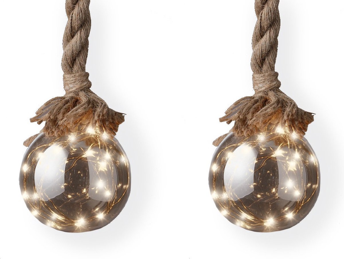Lumineo Kerstverlichting - 2x stuks - kerstbal aan touw - glas - warm wit - 15 x 100 cm - 30 lampjes - verlichting