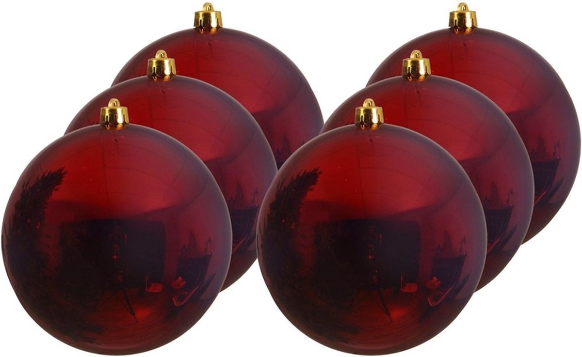Decoris Kerstbal - 6x - donkerrood - groot - 14 cm - kunststof - glans - kerstversiering