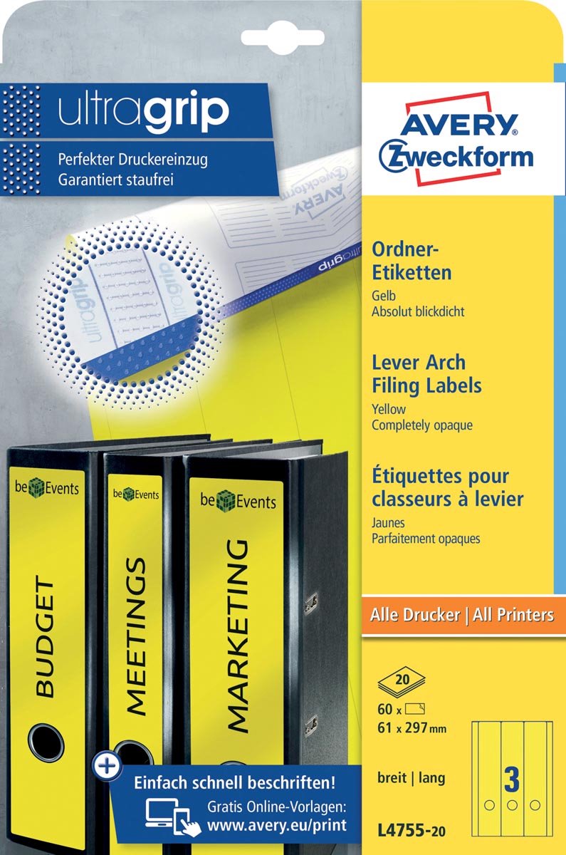 Avery Border Binder Labels, Yellow 61 x 297mm (20)
