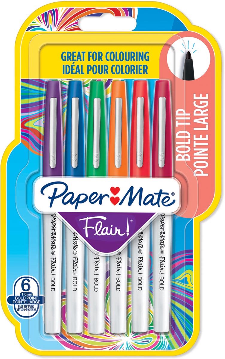 Paper Mate Flair-viltstiften | brede punt (1,2 mm) | diverse kleuren | 6 stuks
