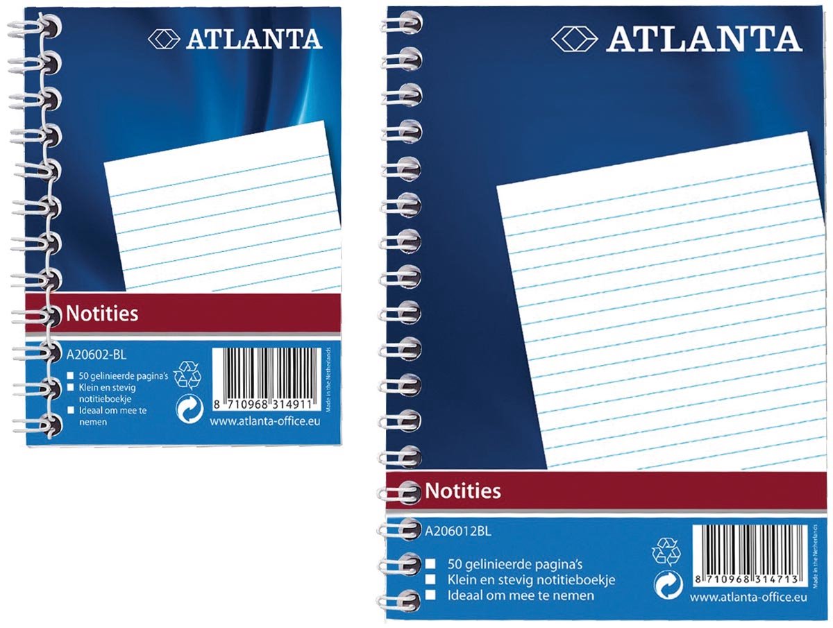 Djois Atlanta notitieboek A6 - spiraal binding - 50 bld/100 blz - blauw - pak 20 stuks