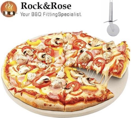 Rock&Rose Luxe Pizzasteen Inclusief Snijmes - Keramiek - 35cm - 14 inch -  BBQ Steen - Oven Steen - Pizza Stone - bakplaat - Rock&Rose