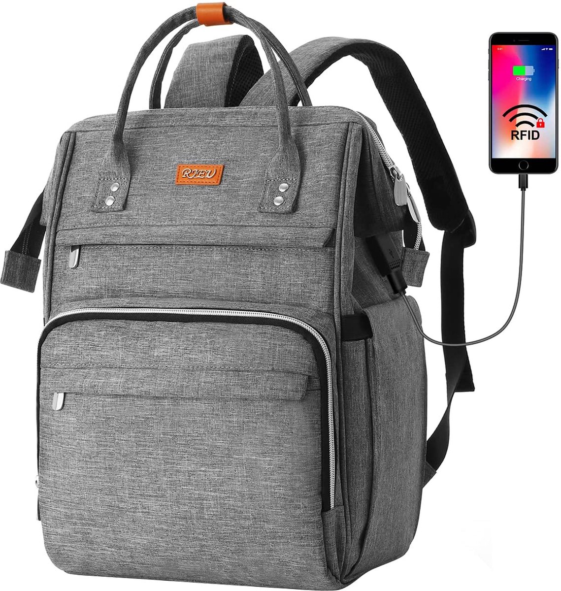 Rugzak voor dames met RFID-tas, laptoprugzak voor 15,6-inch laptop, waterdicht en anti-diefstal, dagrugzak voor reizen, zaken, werk, schoolrugzak voor tienermeisjes (grijs)