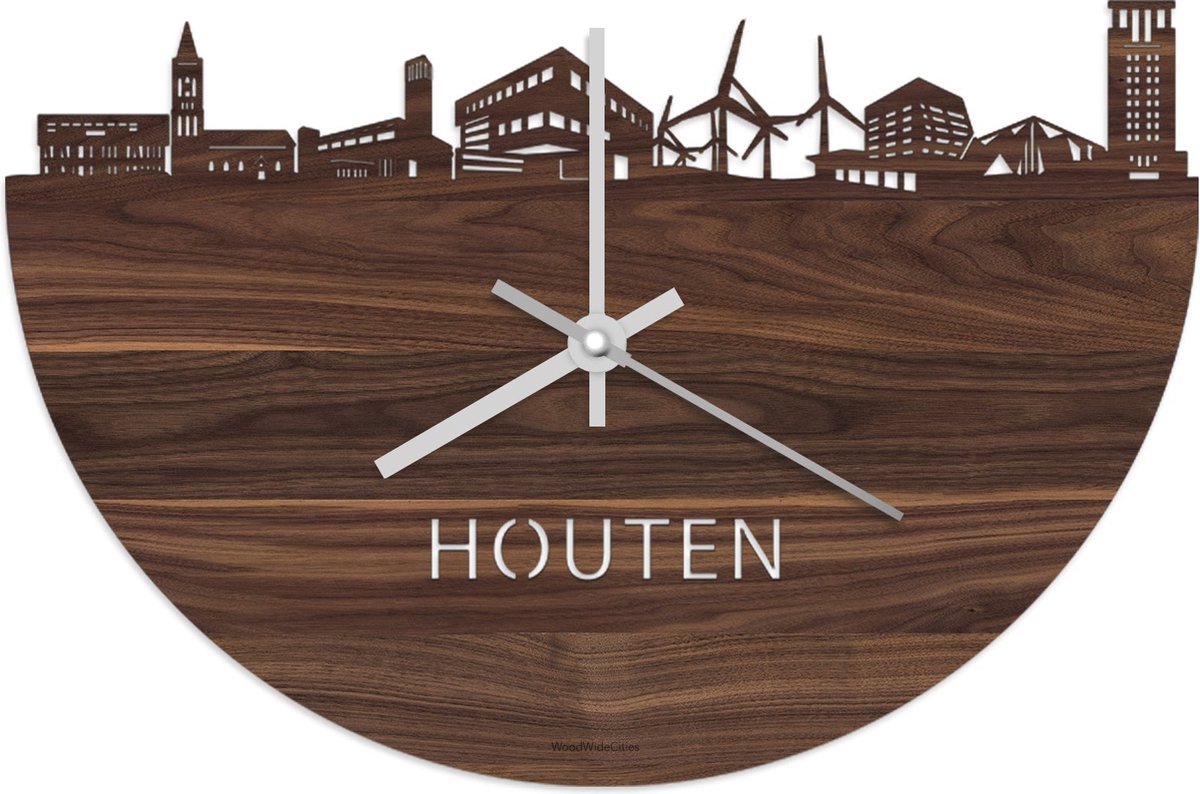 Skyline Klok Houten Notenhout - Ø 40 cm - Stil uurwerk - Wanddecoratie - Meer steden beschikbaar - Woonkamer idee - Woondecoratie - City Art - Steden kunst - Cadeau voor hem - Cadeau voor haar - Jubileum - Trouwerij - Housewarming - WoodWideCities