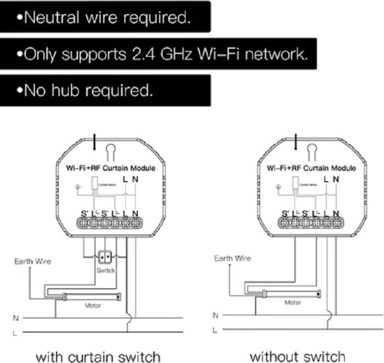 Bedradingsschema's voor de Wi-Fi+RF Curtain Module met en zonder schakelaar.
