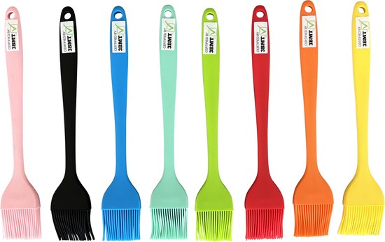Een rij van acht siliconen bakkwasten in verschillende kleuren: roze, zwart, blauw, mintgroen, groen, rood, oranje en geel.