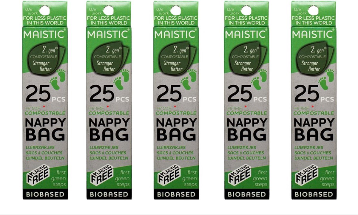 Maistic® 2.GEN | 5 x 25 bio plastic luierzakjes | Thuiscomposteerbaar | nappy bags | babyverzorging | milieuvriendelijke afvalzakjes