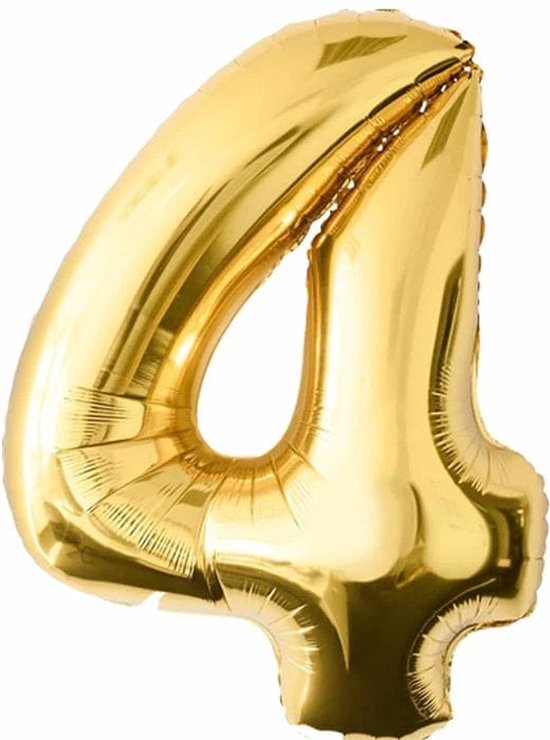 Gouden folie ballon cijfer 4 jaar 86cm inclusief rietje