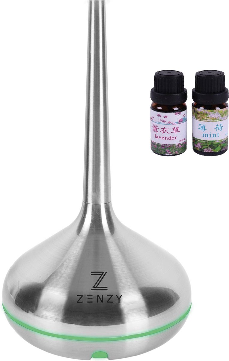 ZENZY® Luxe Ultrasone Aroma Diffuser + E-book - Luchtbevochtiger / Vernevelaar met LED verlichting - Zilverkleurig met olie geschikt voor aromatherapie