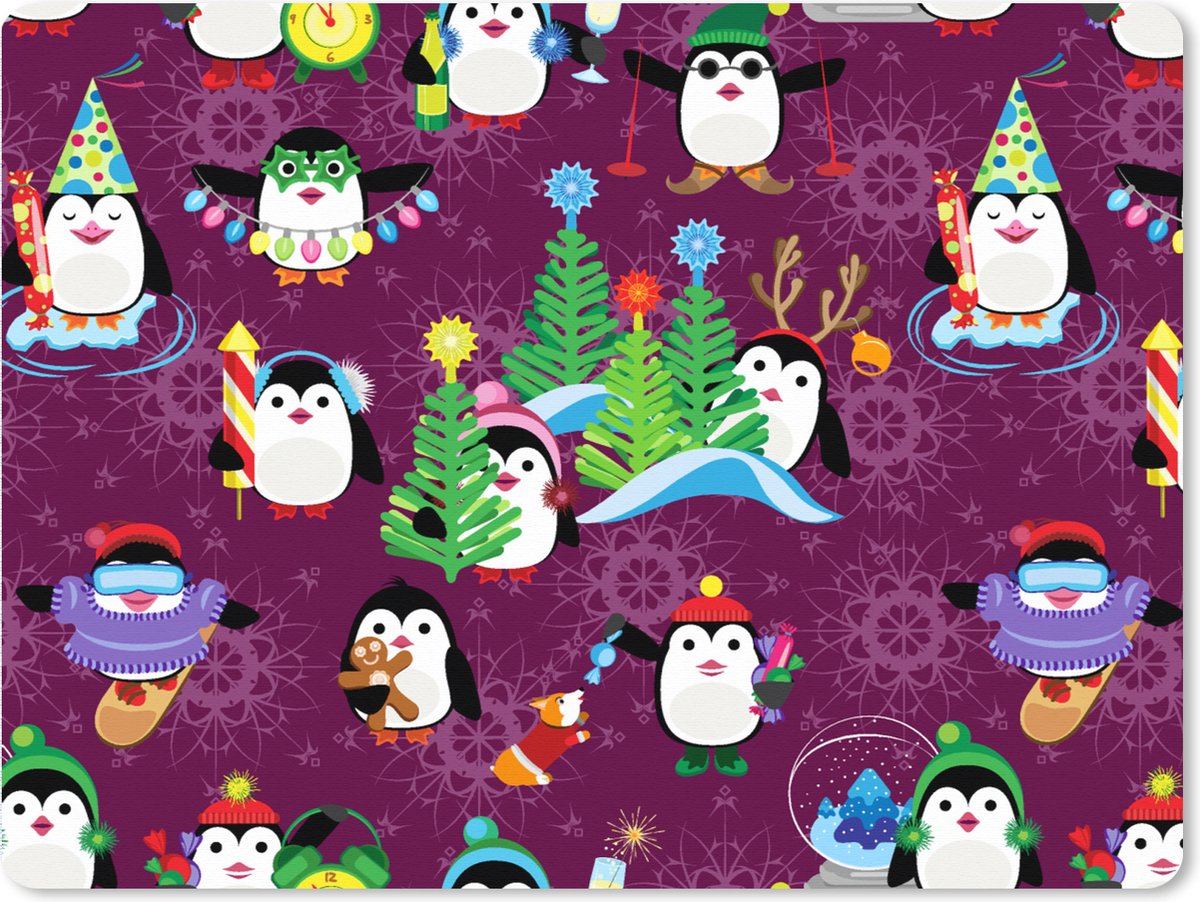 Muismat XXL 80x60 cm - Bureau onderlegger - Bureau mat Pinguïn - Kerstmis - Vuurwerk - Winter - Design - Bureaumat - Gaming mousepad xl - Bureaulegger groot - Computer deskmat