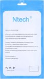 Emballage en plastique bleu avec le logo 'Ntech' et du texte sur les coques et protecteurs d'écran pour téléphone.