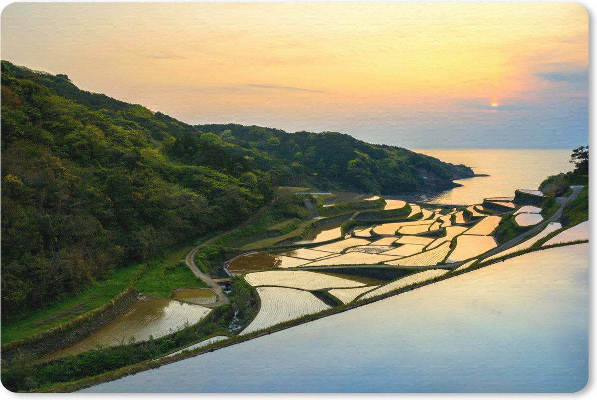Muismat XXL - Bureau onderlegger - Bureau mat - Geweldige zonsondergang belicht de rijstvelden van China - 90x60 cm - XXL muismat