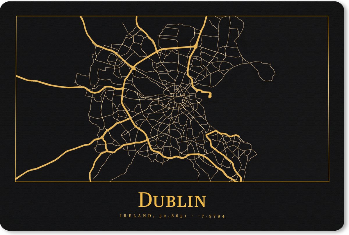 Muismat XXL 90x60 cm - Bureau onderlegger - Bureau mat Kaart - Dublin - Goud - Zwart - Bureaumat - Gaming mousepad xl - Bureaulegger groot - Computer deskmat