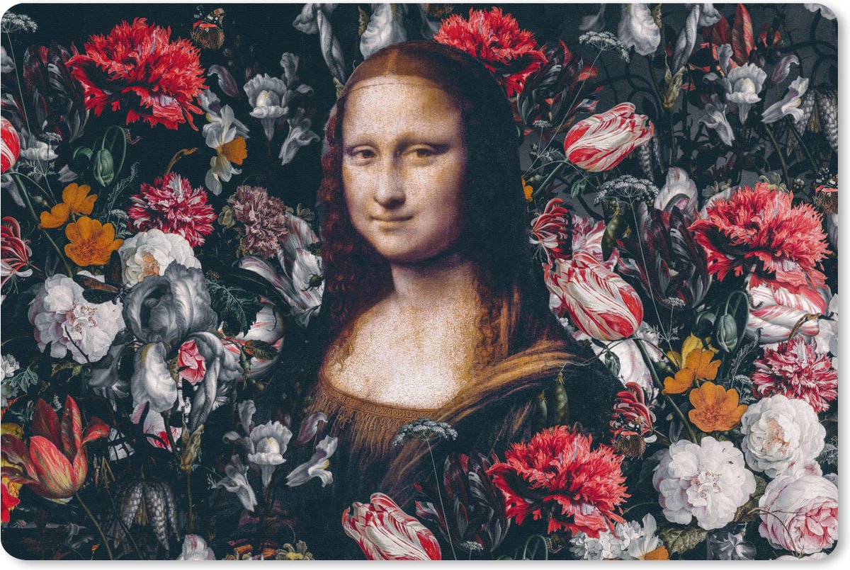 Muismat XXL 90x60 cm - Bureau onderlegger - Bureau mat Mona Lisa - Da Vinci - Bloemen - Schilderij - Bureaumat - Gaming mousepad xl - Bureaulegger groot - Computer deskmat