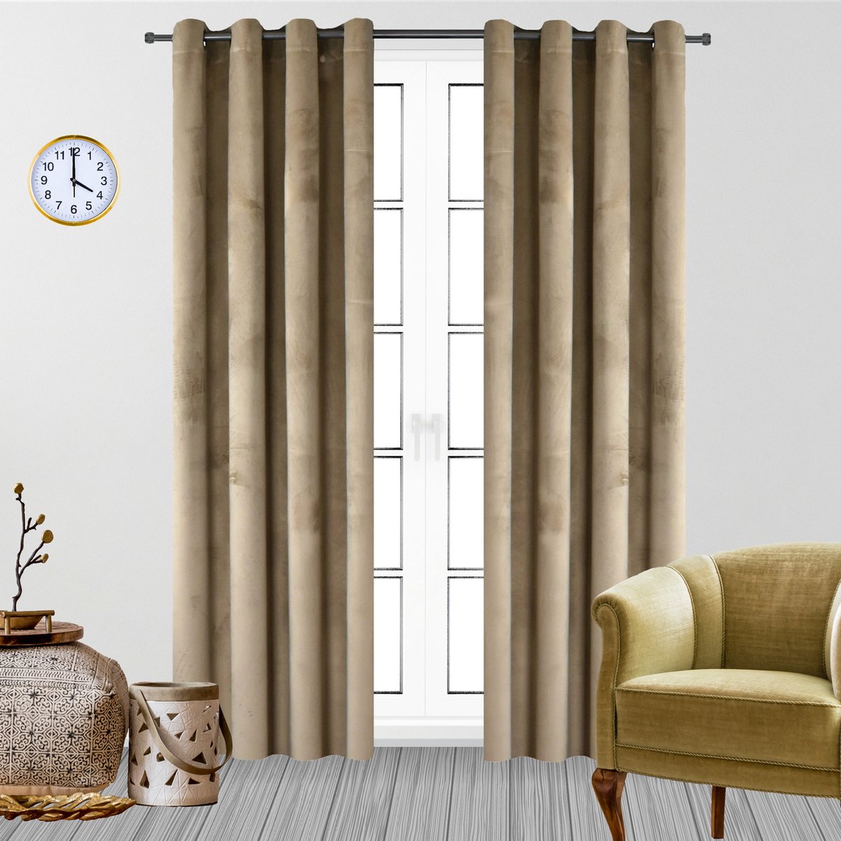 Glow Thuis - Gordijn - Verduisterend - Fluweel – Kant en klaar - Beige - Met Ringen - 140x250 cm