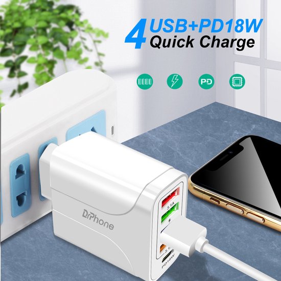 DrPhone HALOXIII - 48W 4 USB Poorten Snel Lader + USB-C PD 18W - QC 3.0 & 3.1A Thuislader- Oplader - Universeel - Wit van DrPhone — afbeelding 4