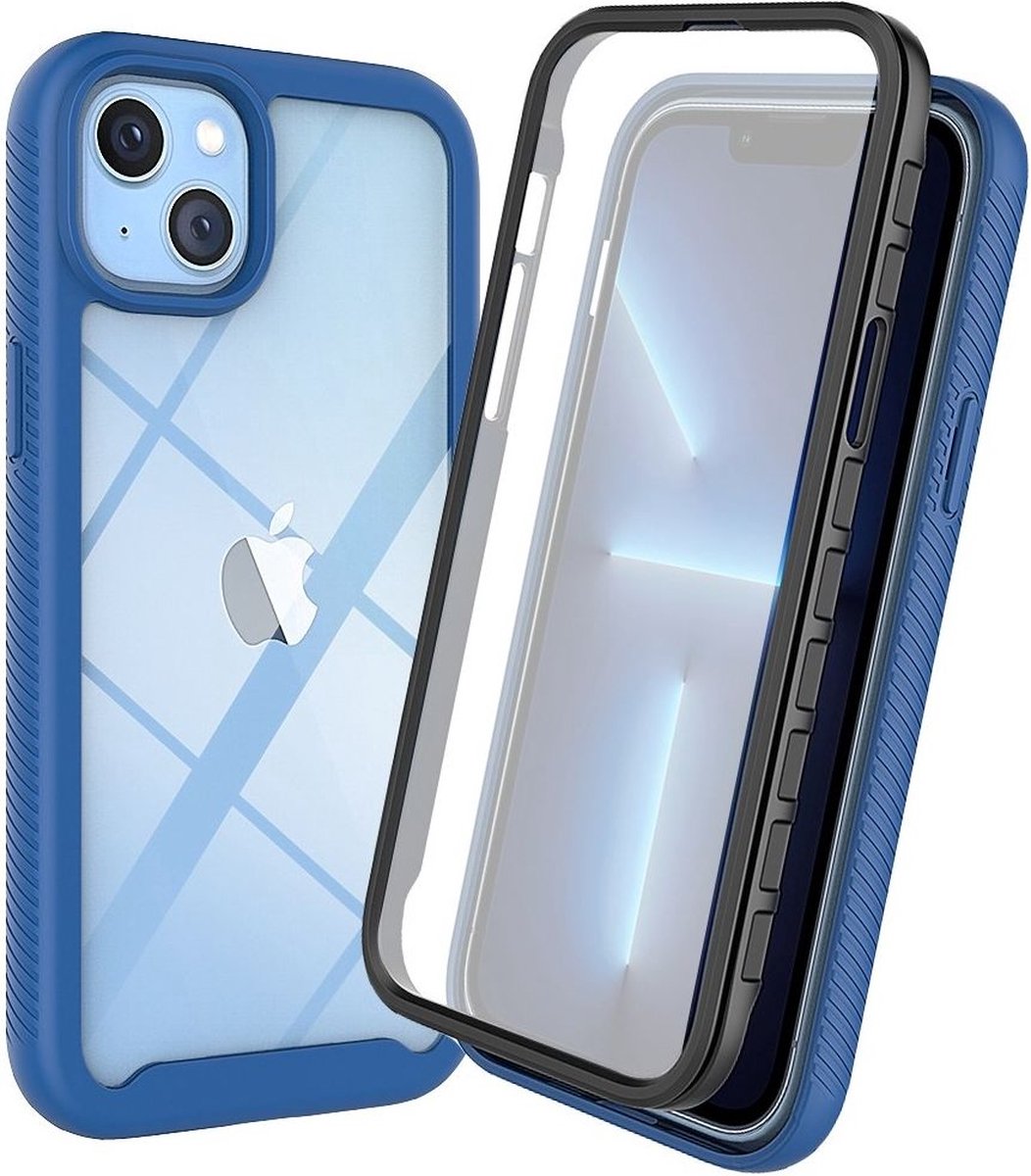 Hoesje met Ingebouwde Screenprotector voor de Apple iPhone 14 Plus | Full Protect valbescherming | Schokbestendige Beschermhoes tegen Vallen | Shockproof | Doorzichtig / Blauw