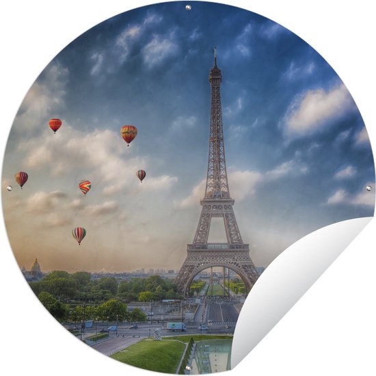 Tuincirkel Eiffeltoren - Luchtballon - Wolken - 120x120 cm - Ronde Tuinposter - Buiten XXL / Groot formaat!
