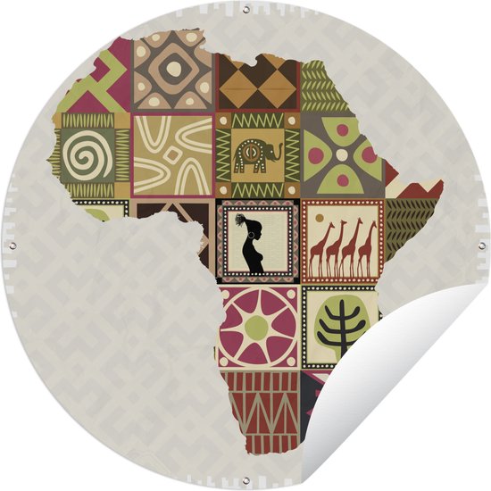 Tuincirkel Kaart van Afrika met culturele aspecten - 90x90 cm - Ronde Tuinposter - Buiten