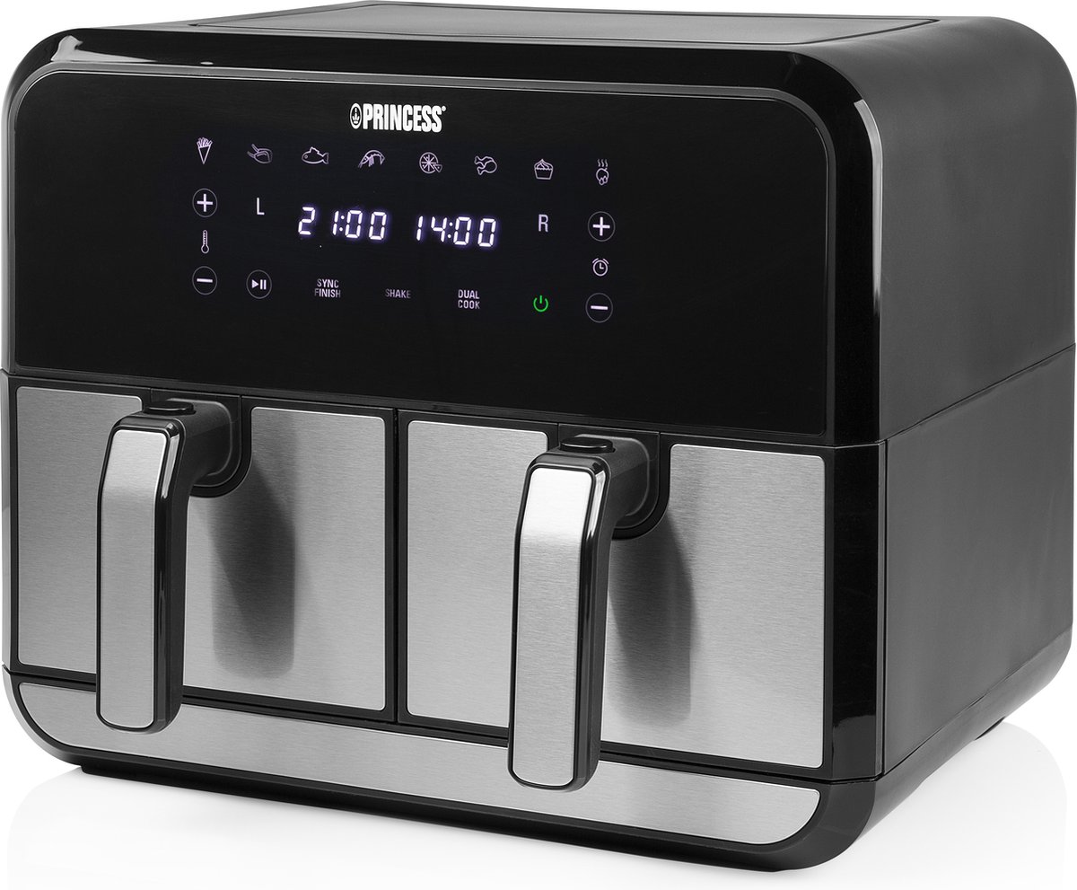 Afbeelding 2 van Princess Double Basket Airfryer 182074 - Dubbele Airfryer - 9 liter - 2 manden - XL - 8 programma's- 2400W - Dubbele heteluchtfriteuse - PFAS vrij - Touchscreen - RVS/Zwart - Sync functie