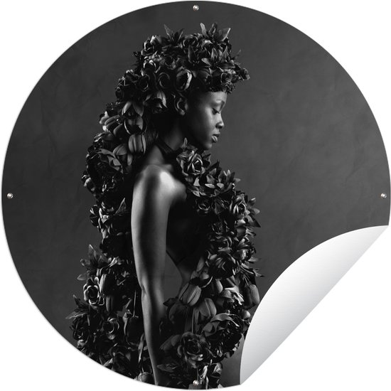 Tuincirkel Bijzondere vrouw met zwarte bloemen - zwart wit - 150x150 cm - Ronde Tuinposter - Buiten