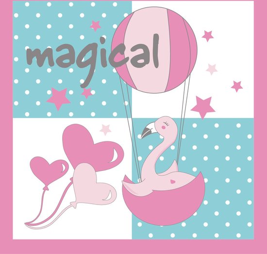 Een roze flamingo in een mandje van een heteluchtballon, met hartjesballonnen. Tekst: 'magical'.