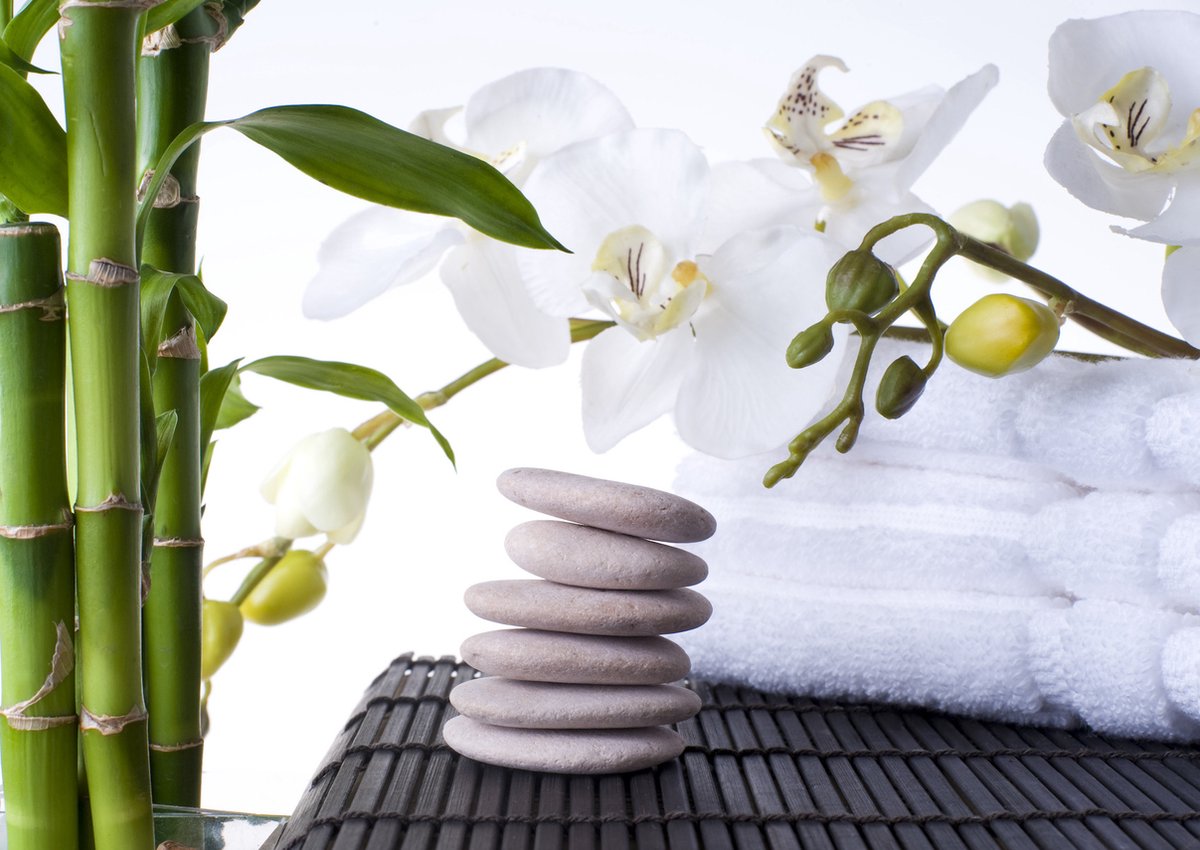 karo-art Afbeelding op acrylglas - Orchidee, zen stenen en bamboe Multikleur