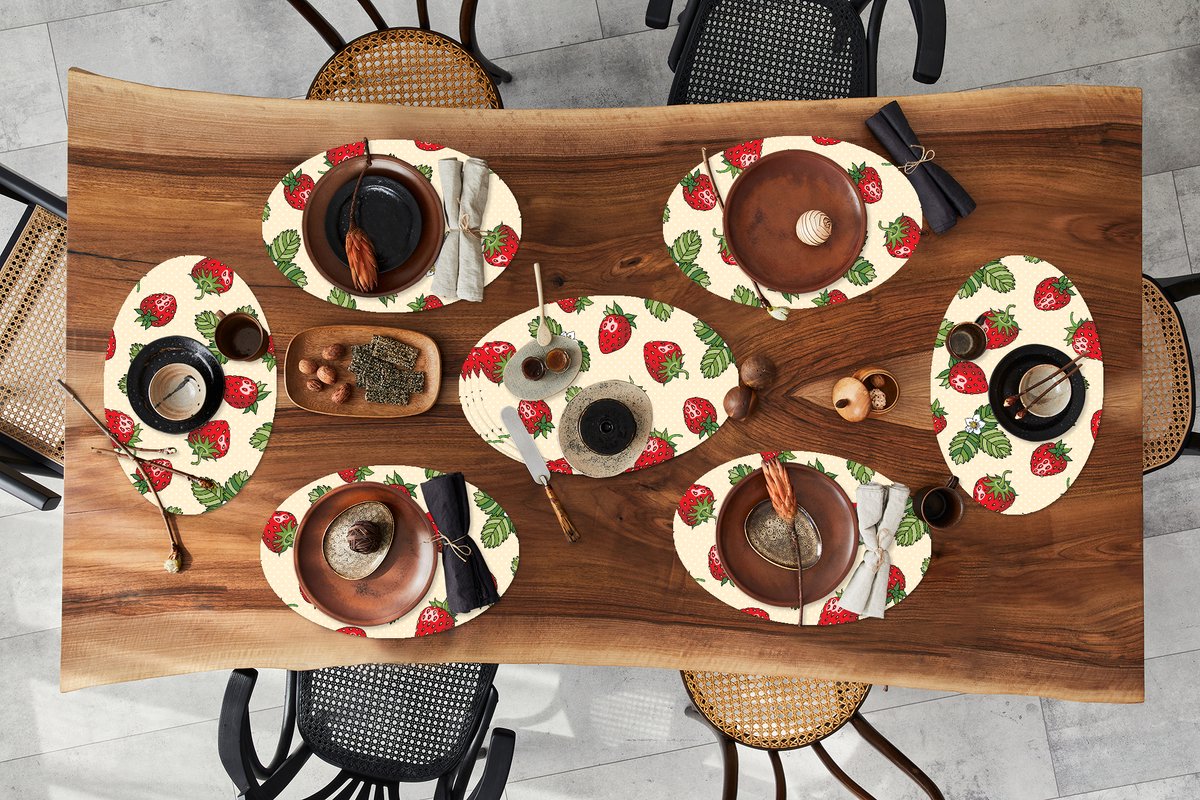 Placemats ovaal - Onderleggers - Ovale placemats - Aardbeien - Fruit - Patronen - 10 stuks
