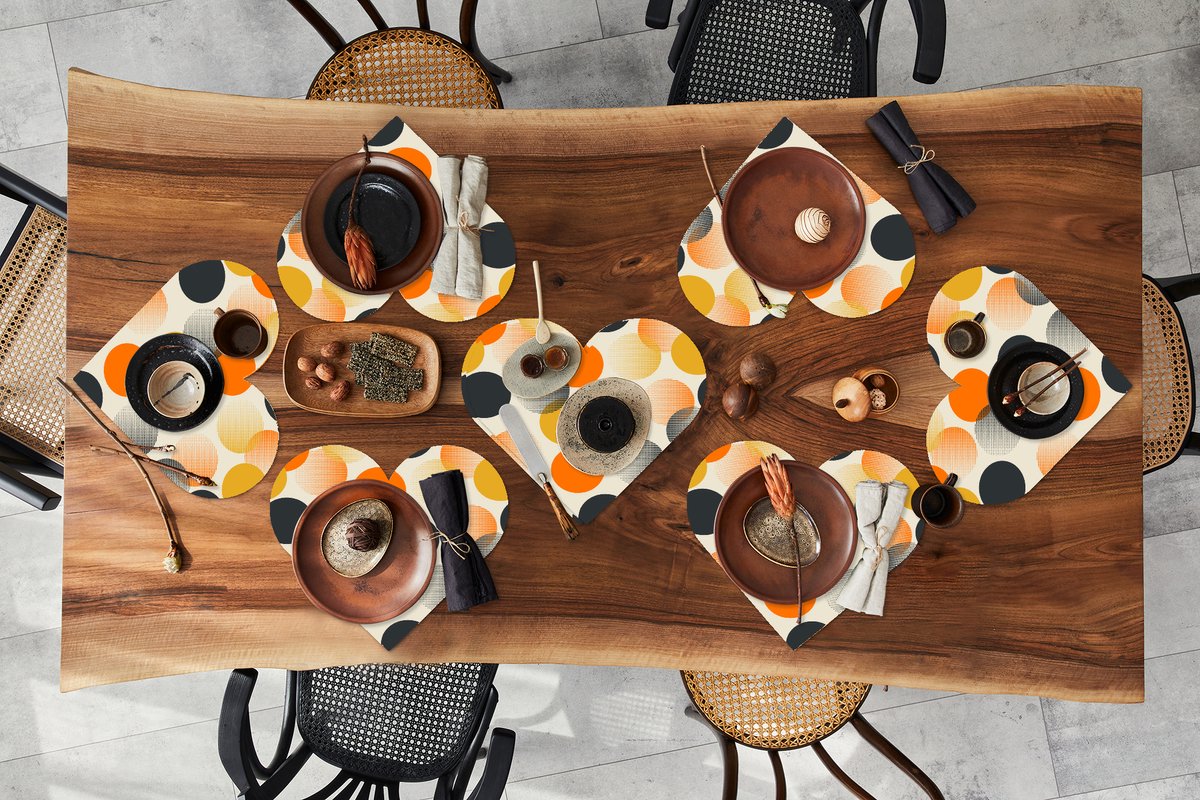 Onderleggers - Placemats - Placemats hartje - Polkadot - Design - Retro - Oranje - 8 stuks