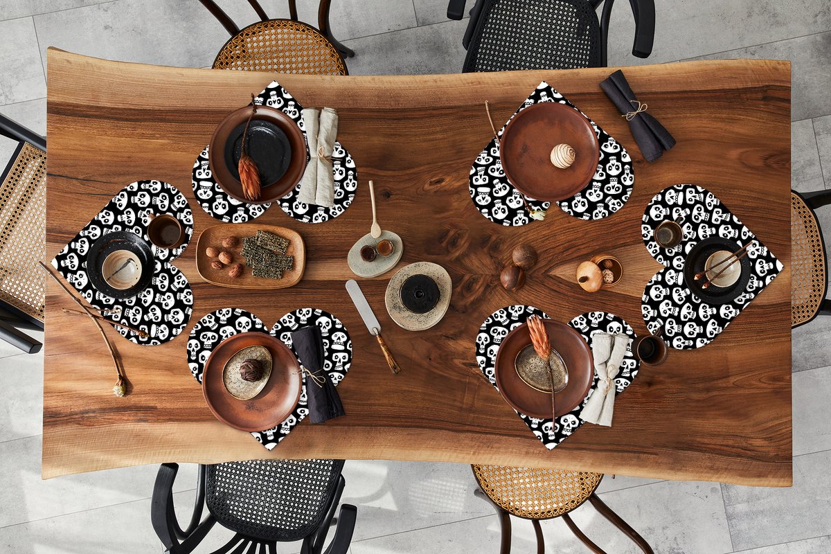Onderleggers - Placemats - Placemats hartje - Patronen - Skull - Zwart Wit - 6 stuks