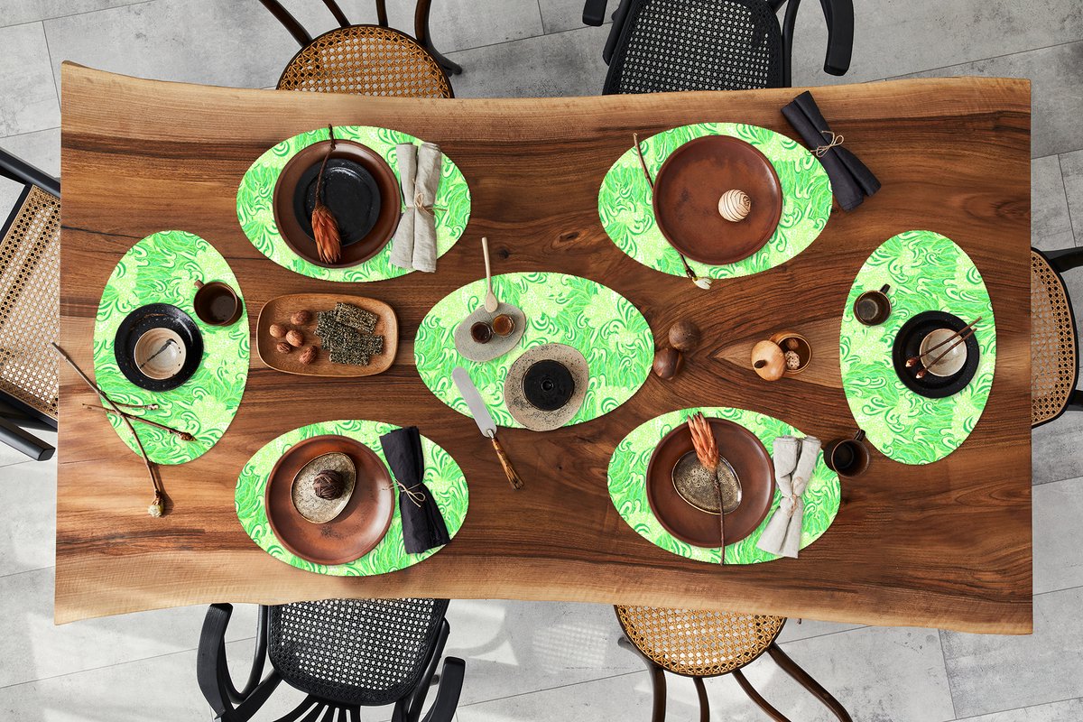 Placemats ovaal - Onderleggers - Ovale placemats - Patronen - Abstract - Bladeren - Groen - 8 stuks
