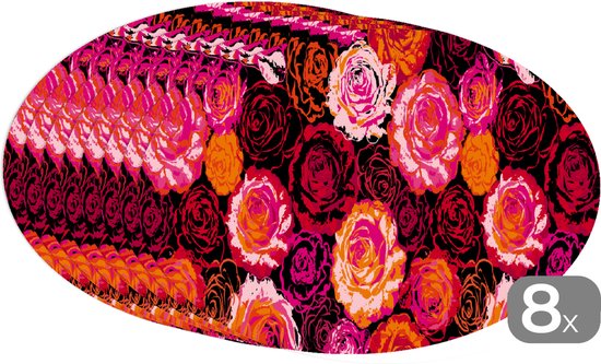Ovale placemat met felroze, oranje en rode rozen op een zwarte achtergrond, 8 stuks.