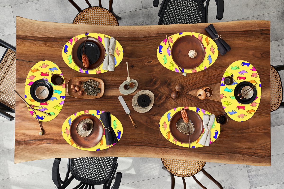 Placemats ovaal - Onderleggers - Ovale placemats - Olifant - Geel - Patronen - 6 stuks