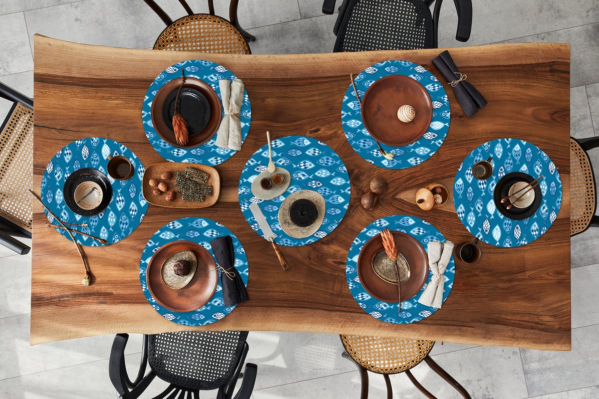 Ronde placemats - Onderlegger - Placemats rond - Vissen - Blauw - Patronen - 8 stuks