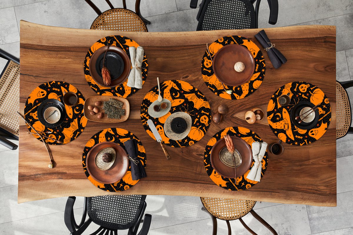 Ronde placemats - Onderlegger - Placemats rond - Halloween - Oranje - Patronen - 10 stuks