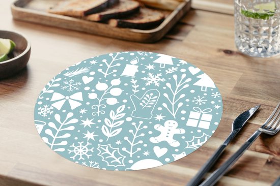Ronde placemats - Onderlegger - Placemats rond - Winter - Sneeuw - Patronen - Wit - 8 stuks - Kerst - Cadeau - Kerstcadeau voor mannen, vrouwen en kinderen