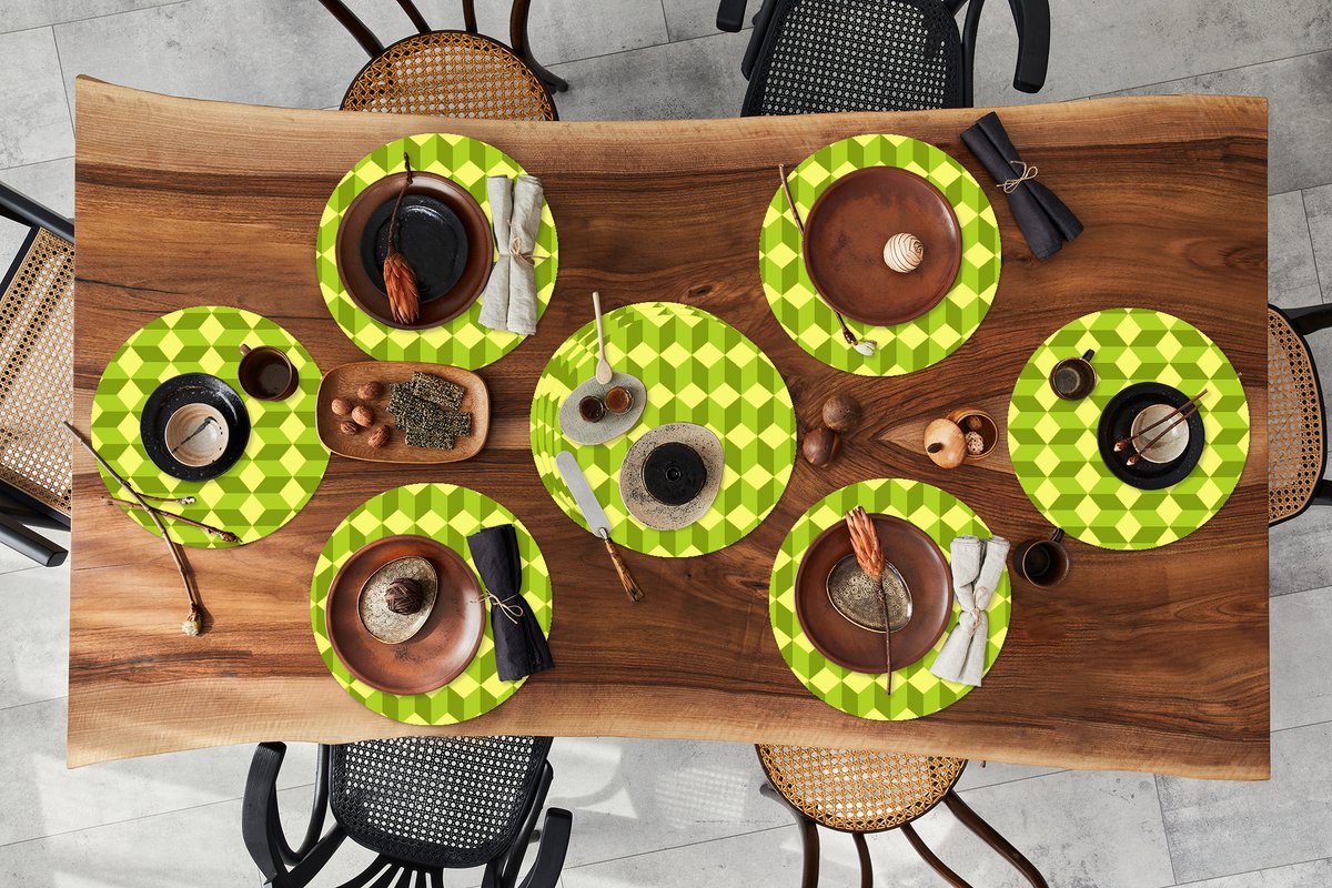 Ronde placemats - Onderlegger - Placemats rond - Patroon - Groen - Blokken - 10 stuks