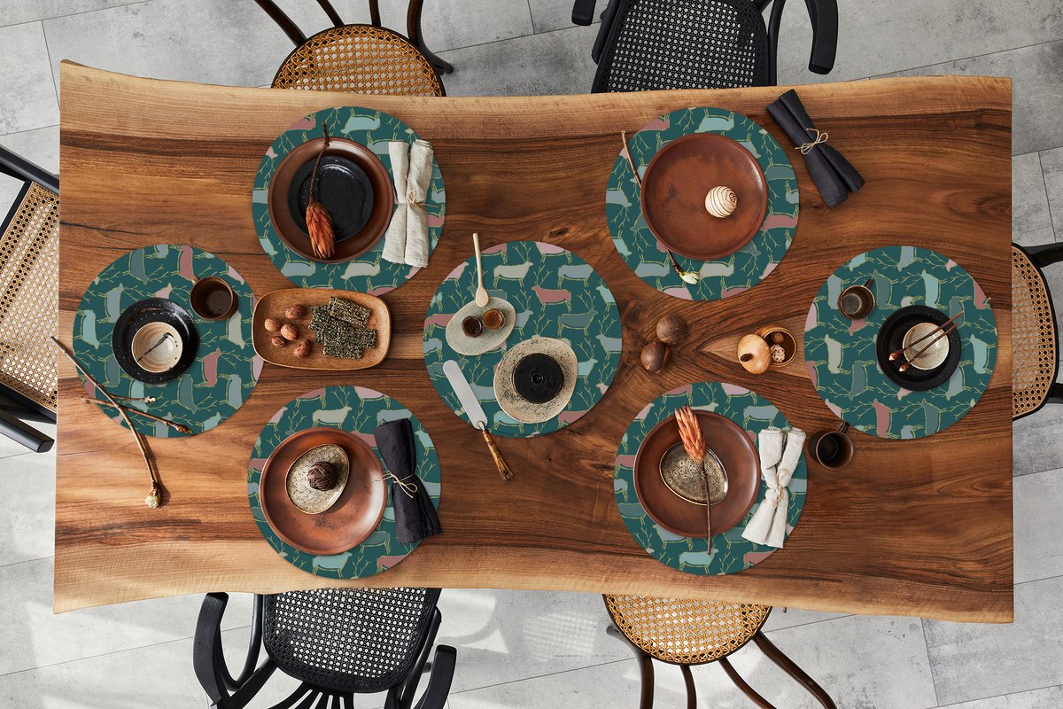 Ronde placemats - Onderlegger - Placemats rond - Patronen - Hert - Groen - 8 stuks