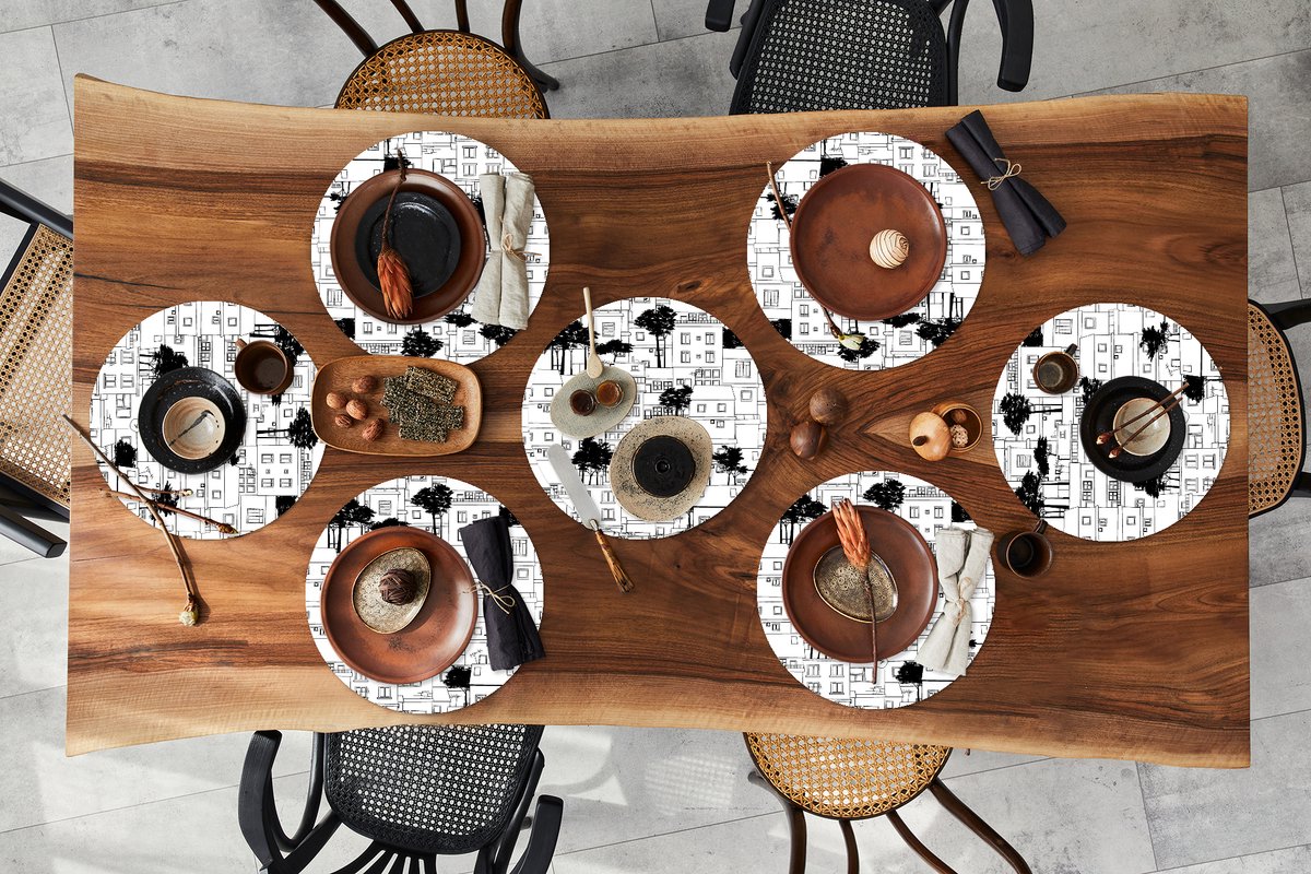 Ronde placemats - Onderlegger - Placemats rond - Patronen - Bomen - Huis - 8 stuks