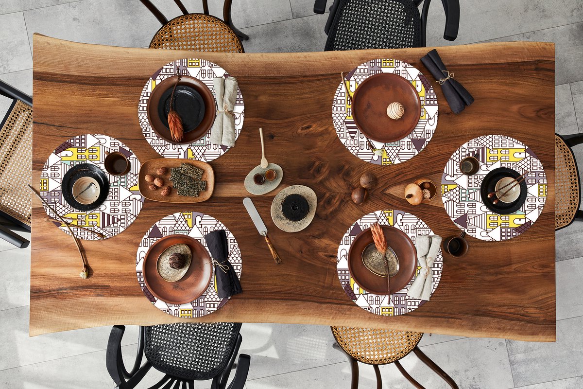 Ronde placemats - Onderlegger - Placemats rond - Patronen - Huis - Skyline - 6 stuks