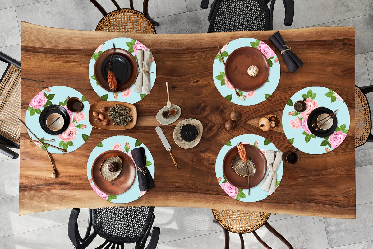 Ronde placemats - Onderlegger - Placemats rond - Rozen - Romantisch - Patronen - 6 stuks
