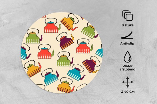 Sets de table ronds - Dessous de verre - Napperons de table ronds - Design - Rétro - Théière - Couleurs - 8 pièces