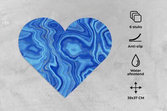 Onderleggers - Placemats - Placemats hartje - Marmer print - Blauw - Patroon - 6 stuks